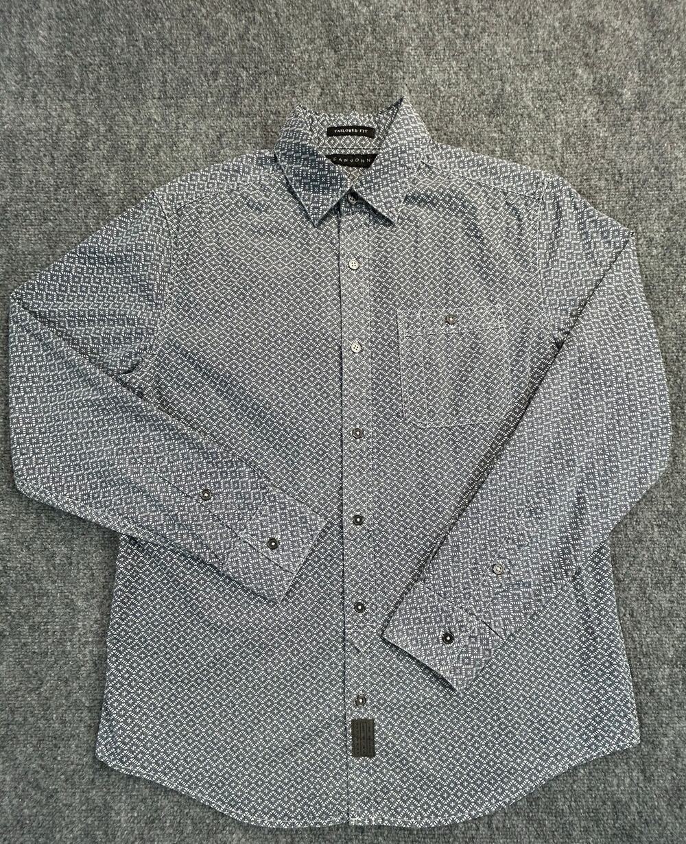 Sean John Y2K Tailored Fit Geometric Button Up Shirt Men's M Blue Cotton Casual